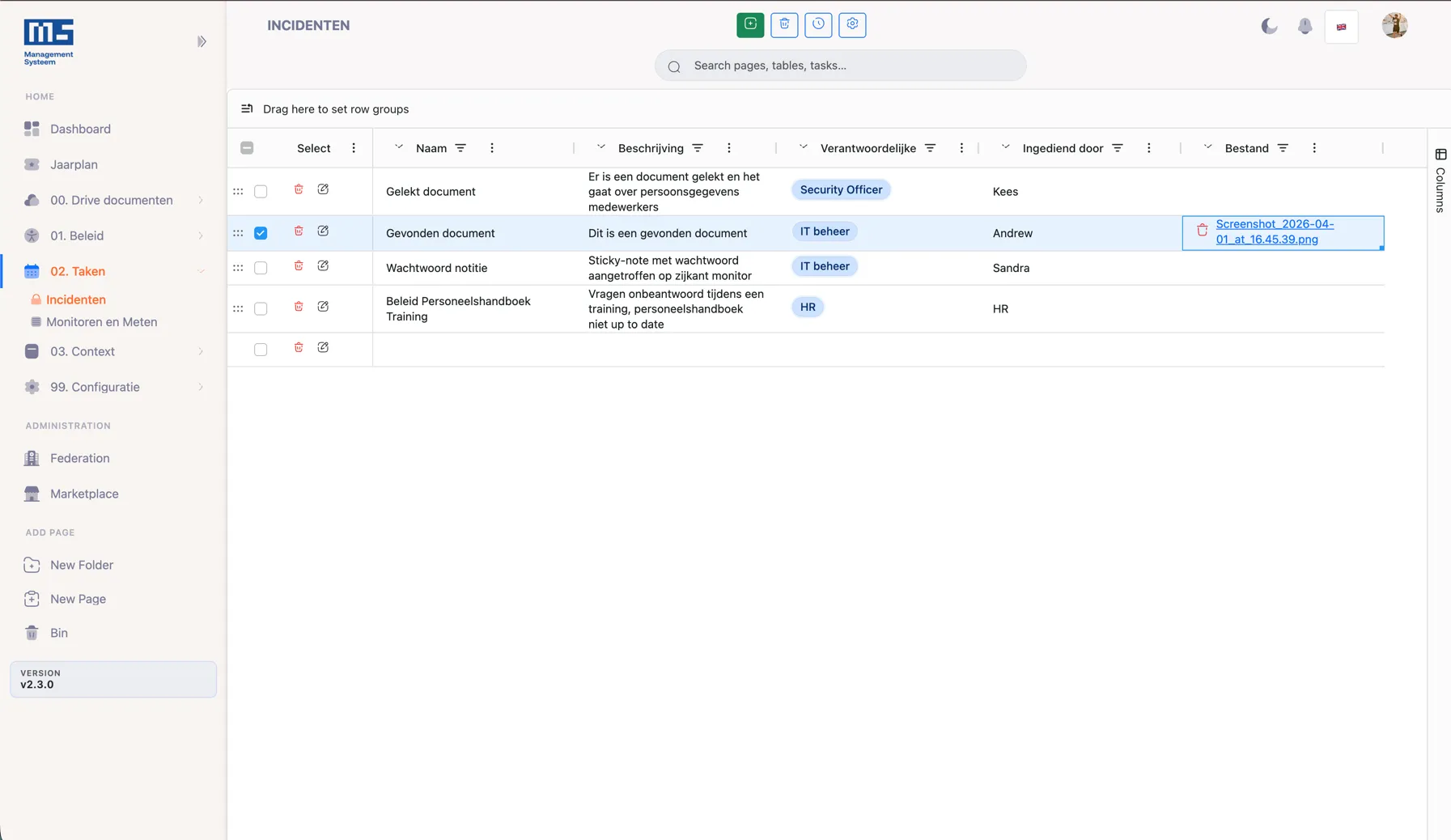 The ManagementSysteem.nl platform showing an incident register